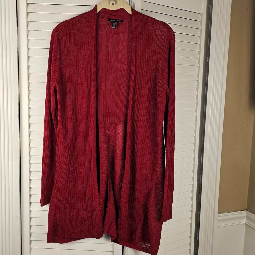 Eileen Fisher Womens Red Ribbed Silk Blend Open Front Cardigan Sweater XS